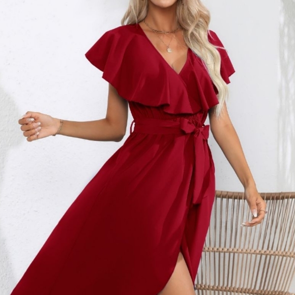 Chic Cascade Tied Midi Dress - Wine - Picture 4 of 14